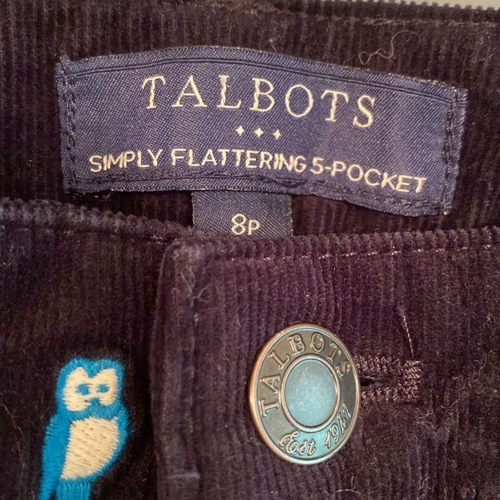 Talbots Owl Embroidered Simply Flattering Corduroy Navy Black Pants 8P